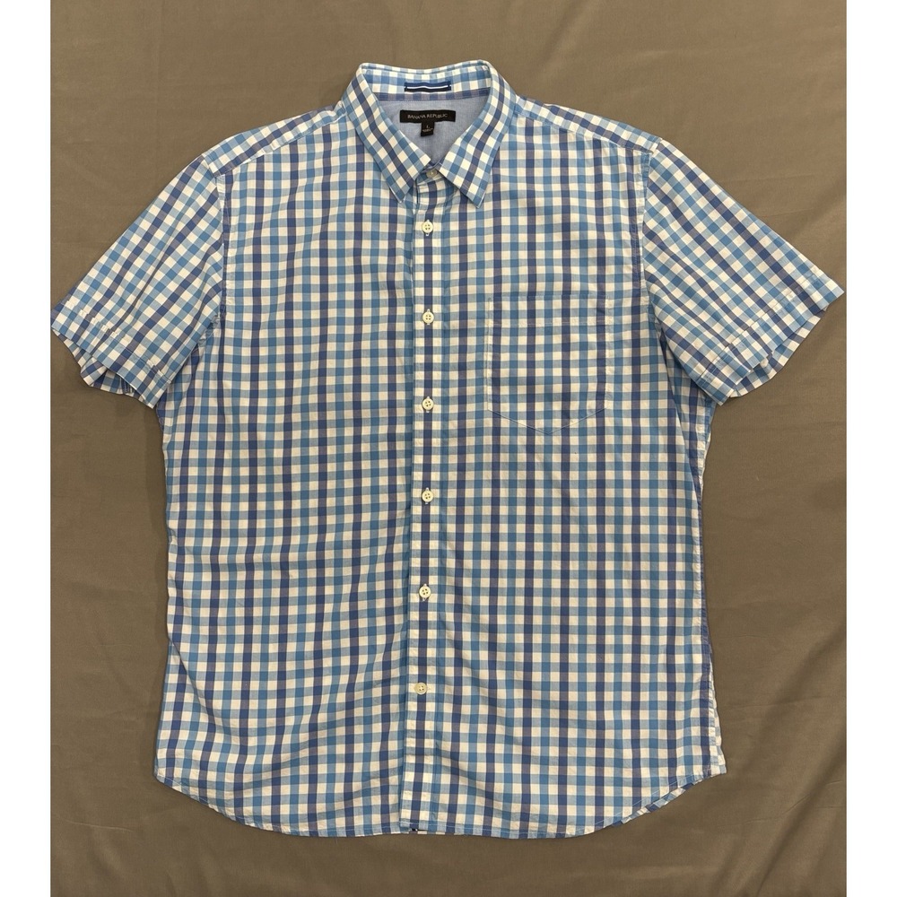 Banana Republic Short Sleeve Plaid Button Down Shirt Men's L Blue White